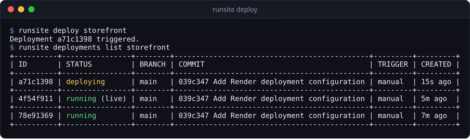runsite deploy triggering a deployment, then runsite deployments list showing it deploying above the live one