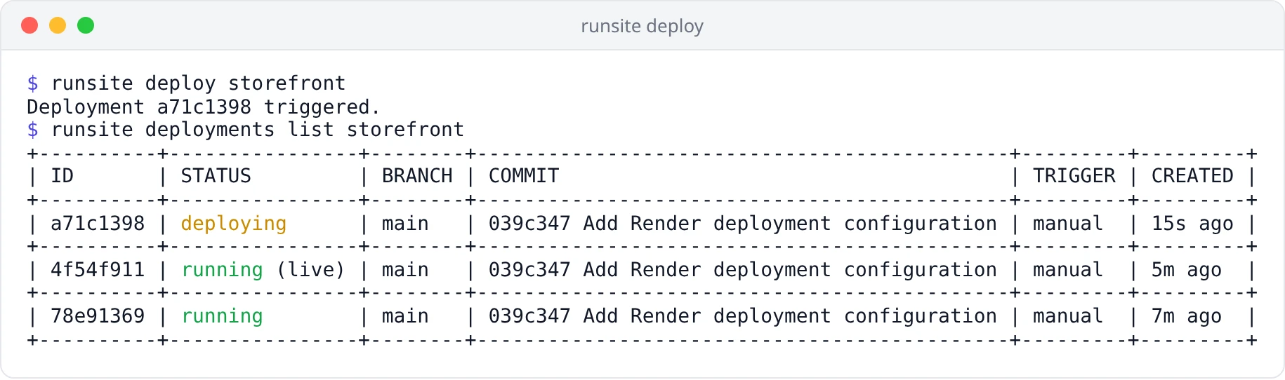 runsite deploy triggering a deployment, then runsite deployments list showing it deploying above the live one