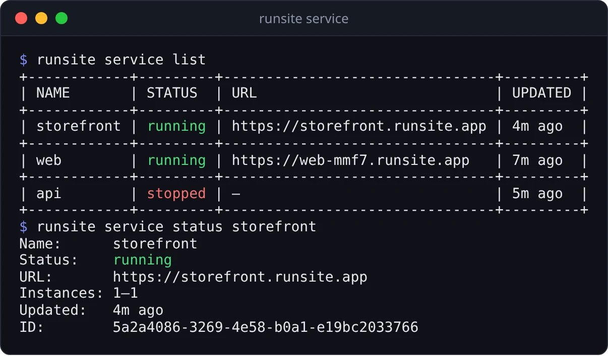 runsite service list showing three services with status and URL, then runsite service status for one of them