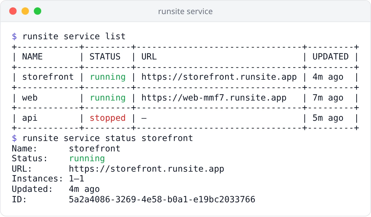 runsite service list showing three services with status and URL, then runsite service status for one of them