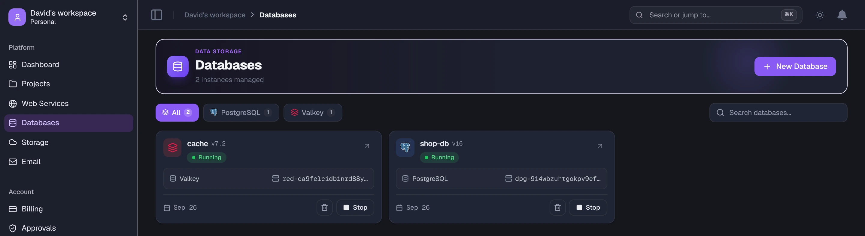 Databases list with a Redis instance and a PostgreSQL database, both running
