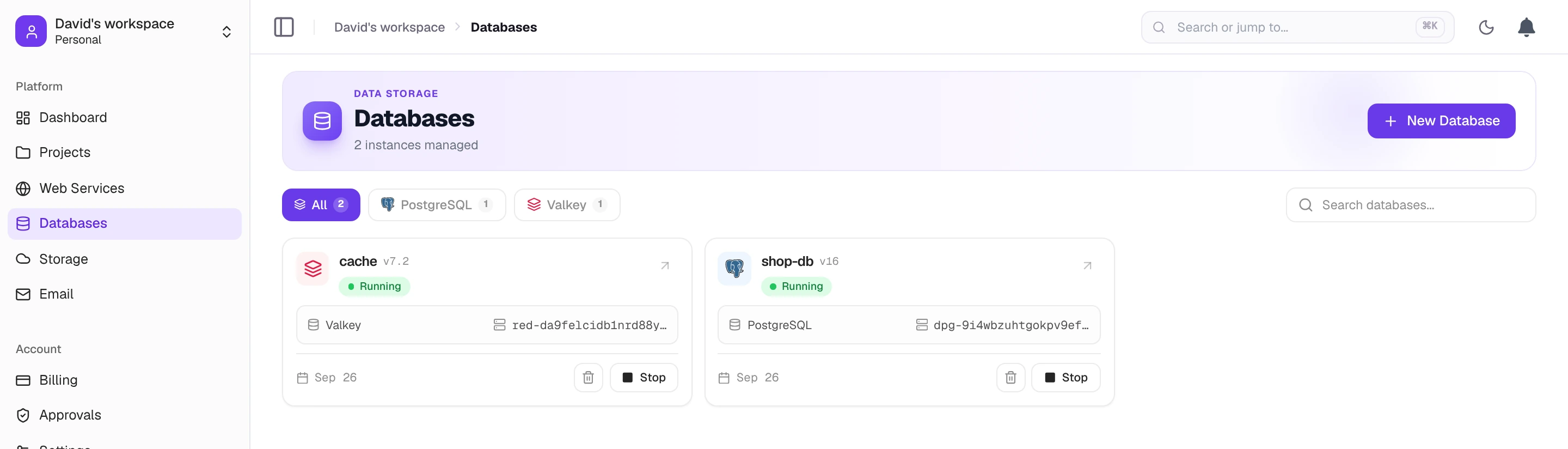 Databases list with a Redis instance and a PostgreSQL database, both running