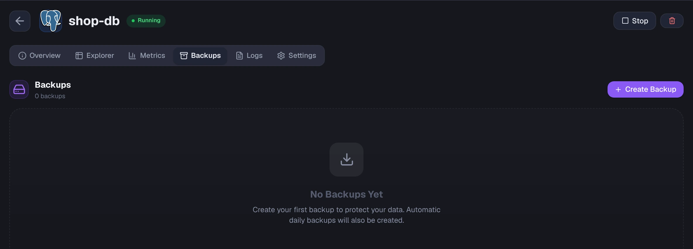 Backups tab with no backups yet and a Create Backup button