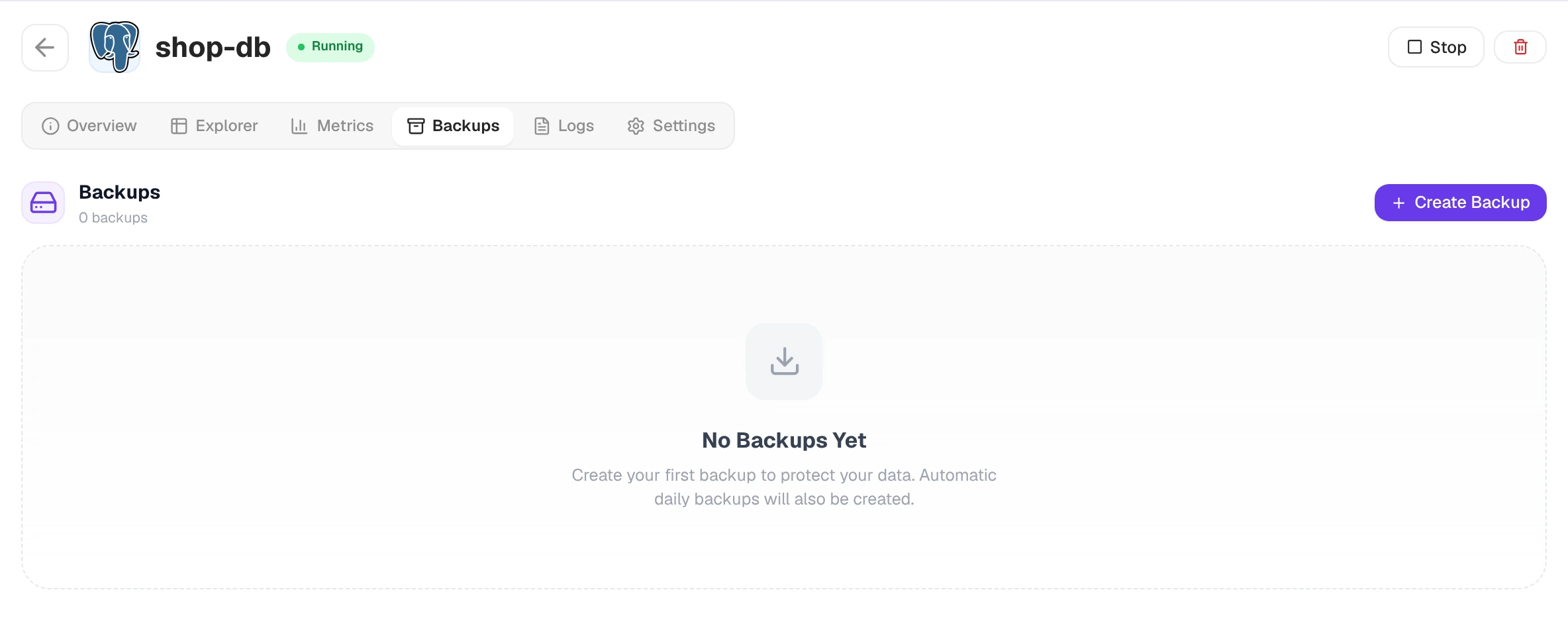 Backups tab with no backups yet and a Create Backup button