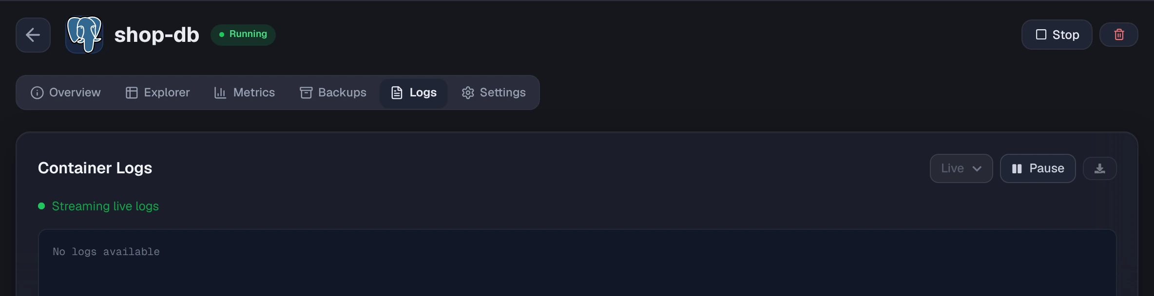 Logs tab with the Live window selector, Pause and Download buttons
