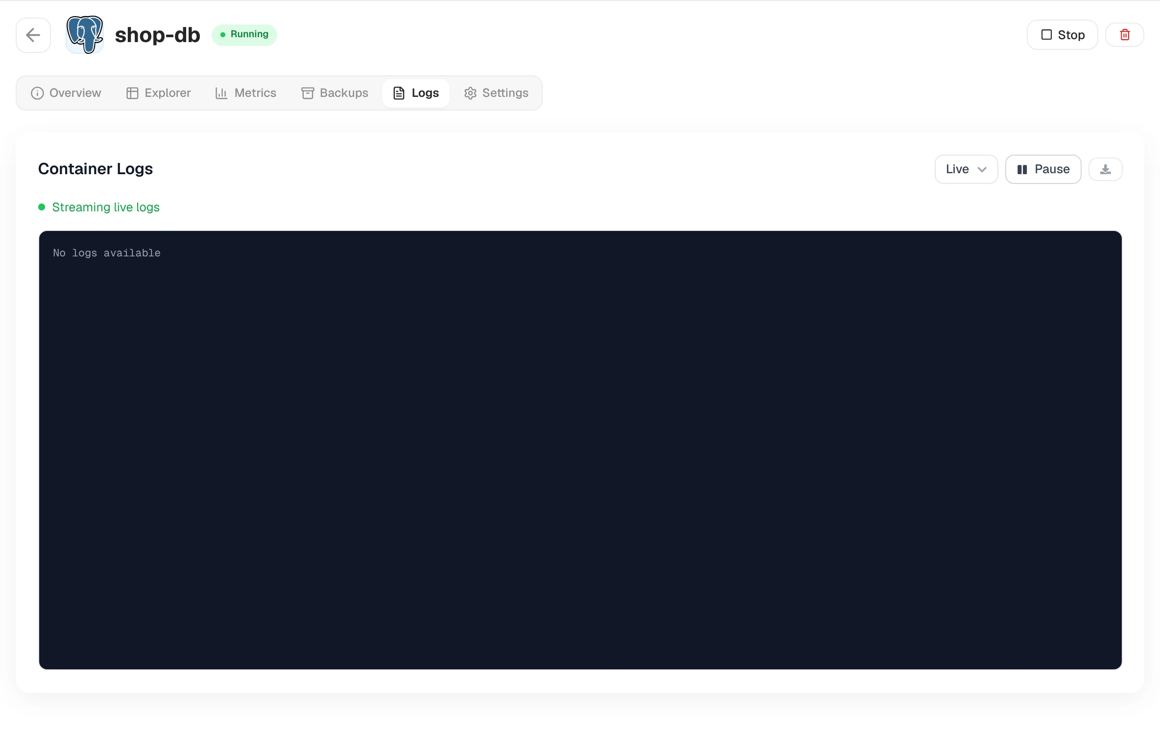 Logs tab with the Live window selector, Pause and Download buttons