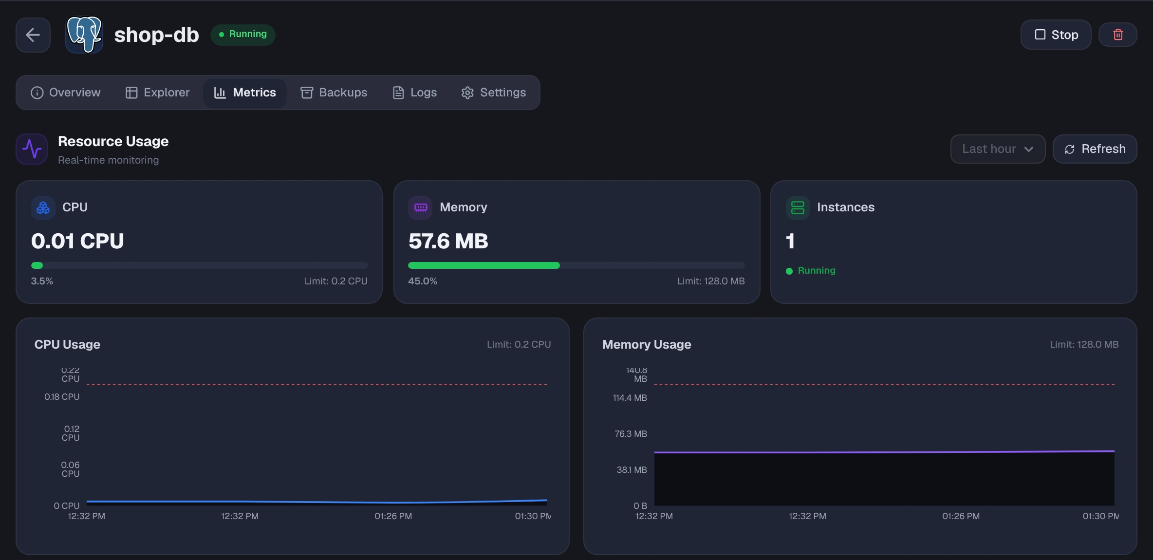 Metrics tab with CPU, memory and instances tiles above CPU and memory charts