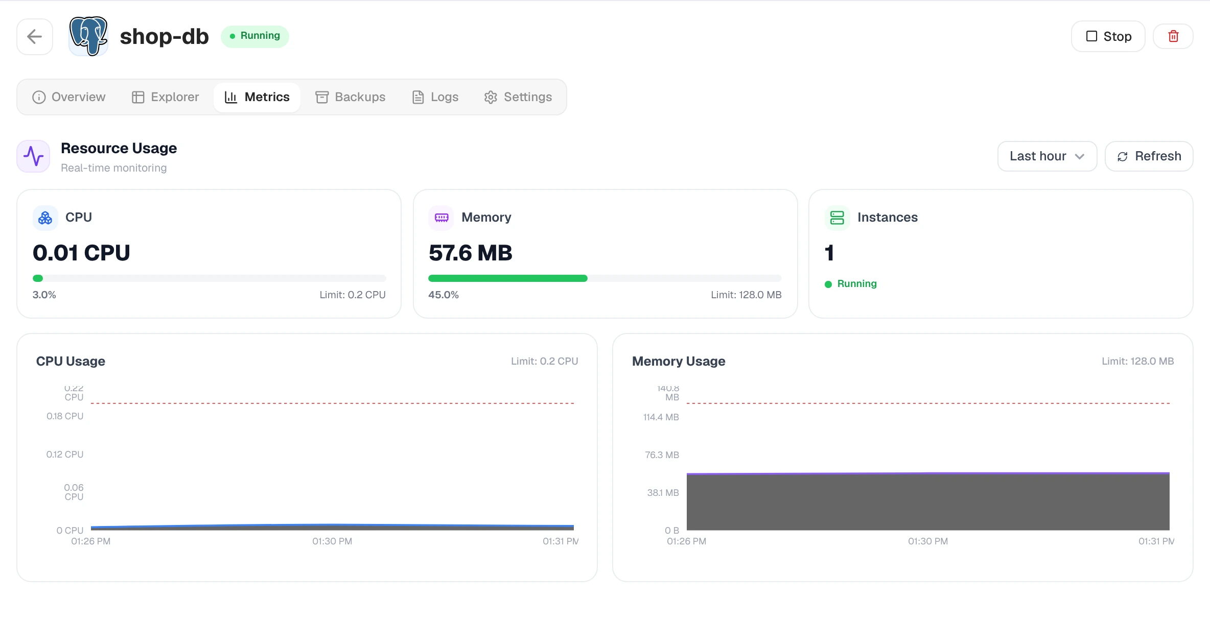 Metrics tab with CPU, memory and instances tiles above CPU and memory charts