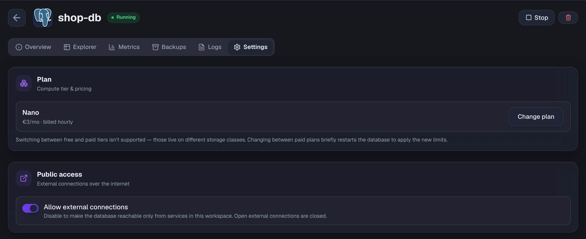 Settings tab with the Plan card and the Allow external connections toggle
