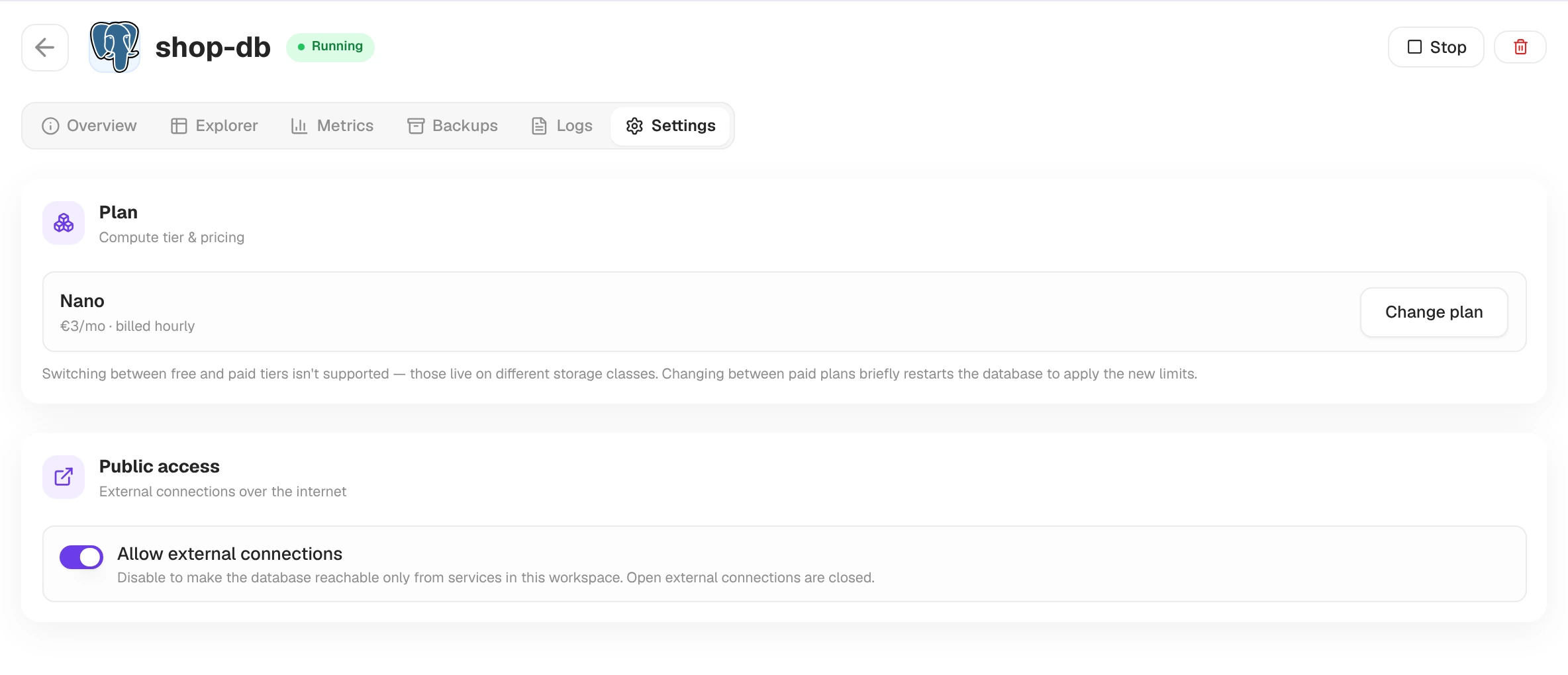 Settings tab with the Plan card and the Allow external connections toggle