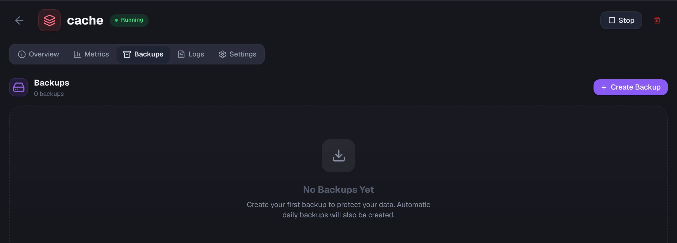 Backups tab with no backups yet and a Create Backup button