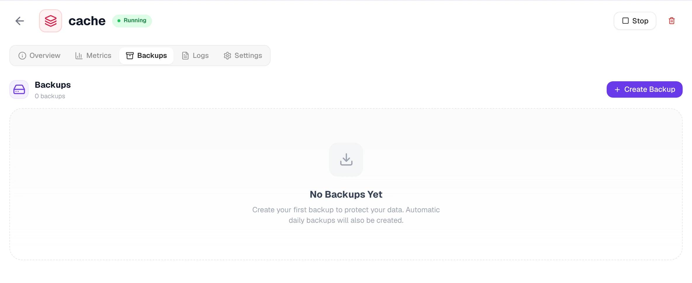 Backups tab with no backups yet and a Create Backup button