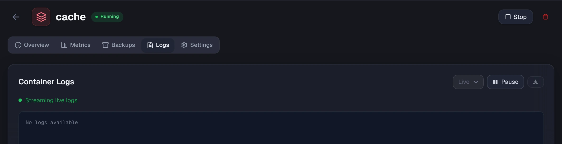 Logs tab with the Live window selector, Pause and Download buttons