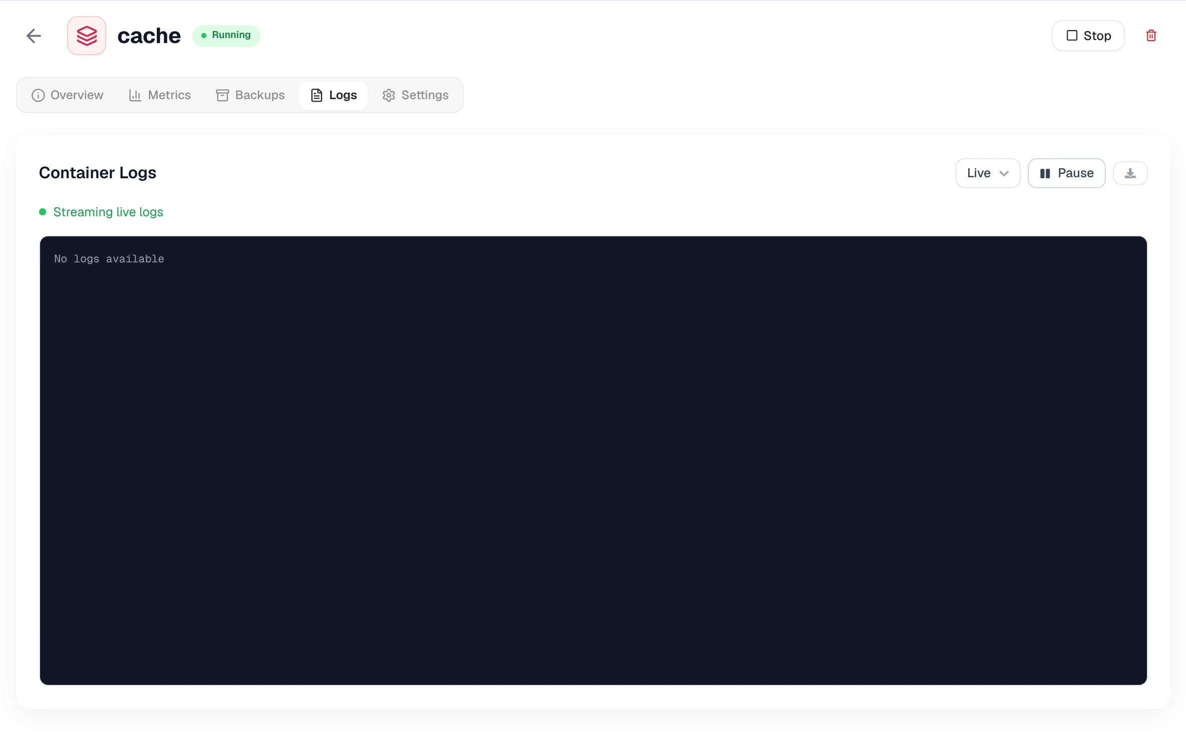 Logs tab with the Live window selector, Pause and Download buttons