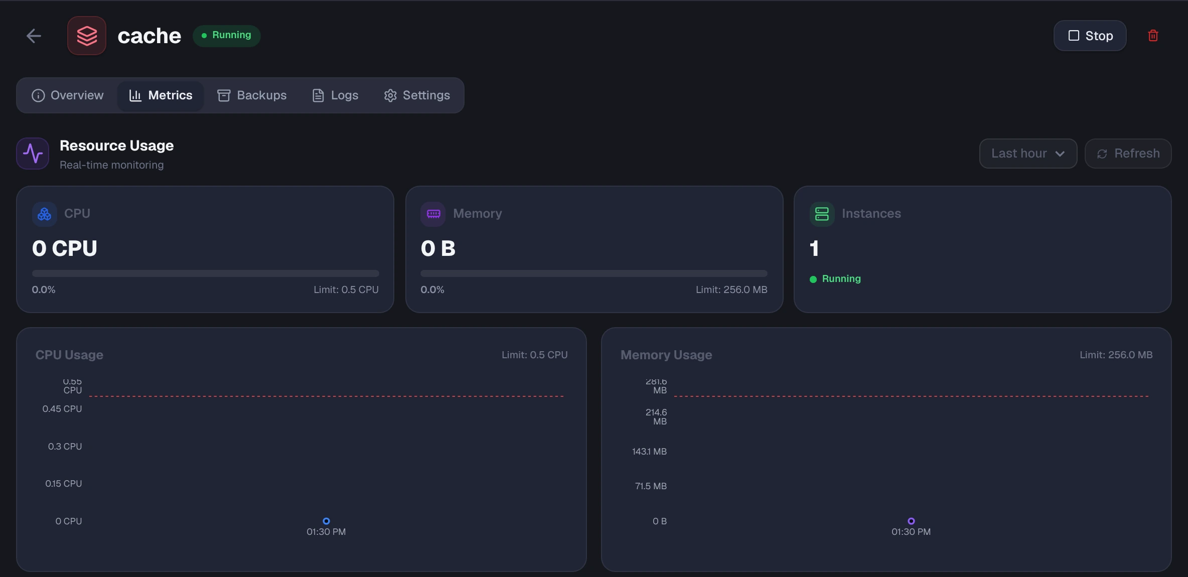 Metrics tab with CPU, memory and instances tiles above CPU and memory charts