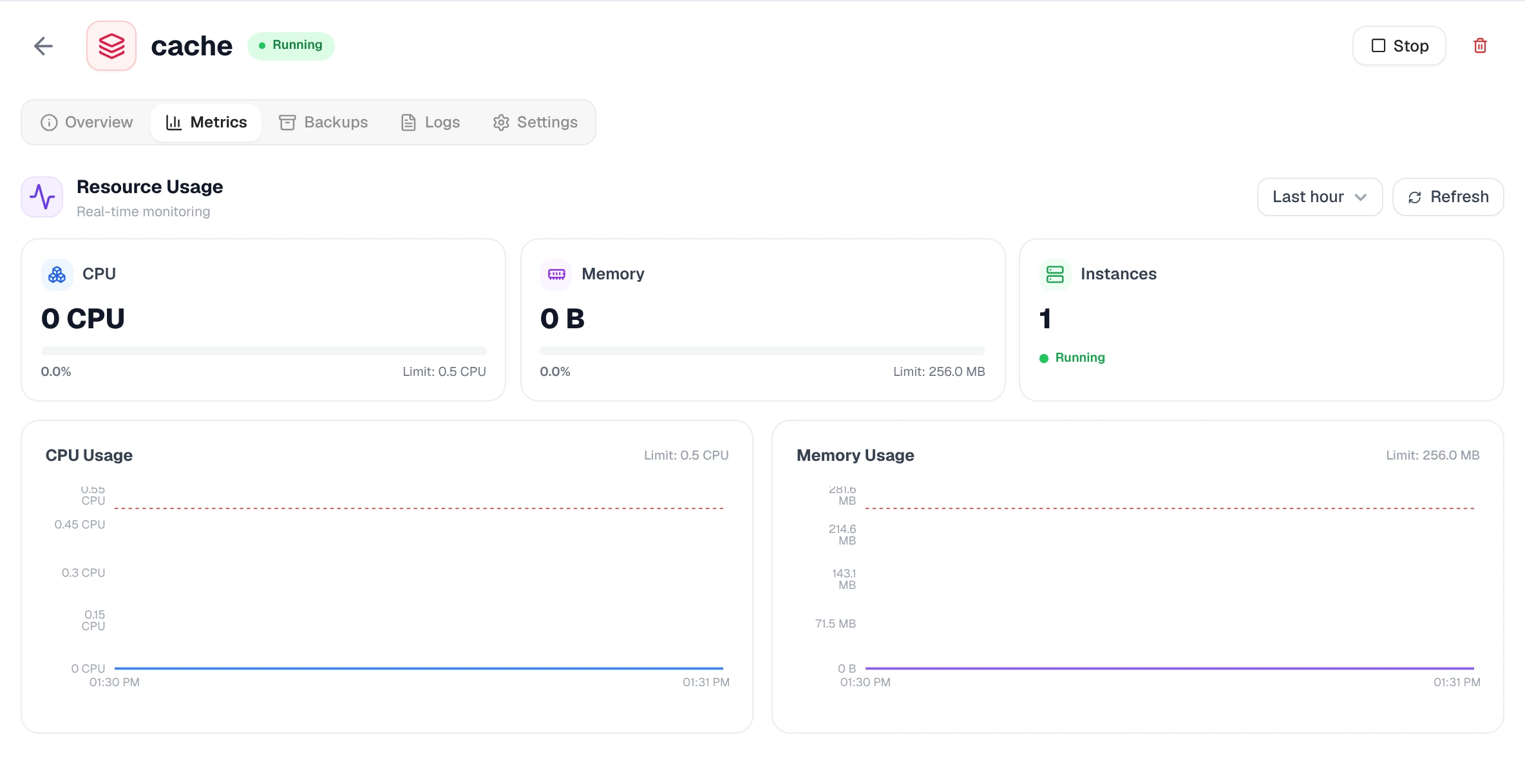 Metrics tab with CPU, memory and instances tiles above CPU and memory charts