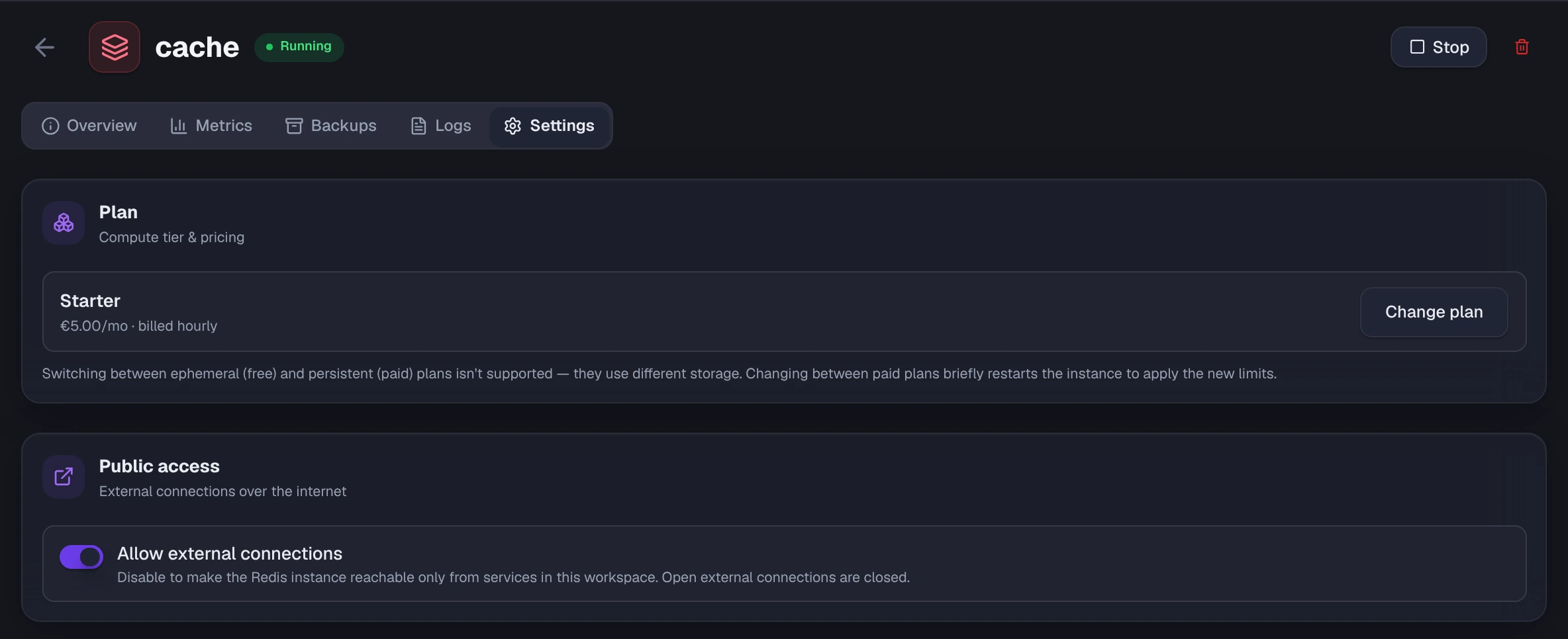 Settings tab with the Plan card and the Allow external connections toggle
