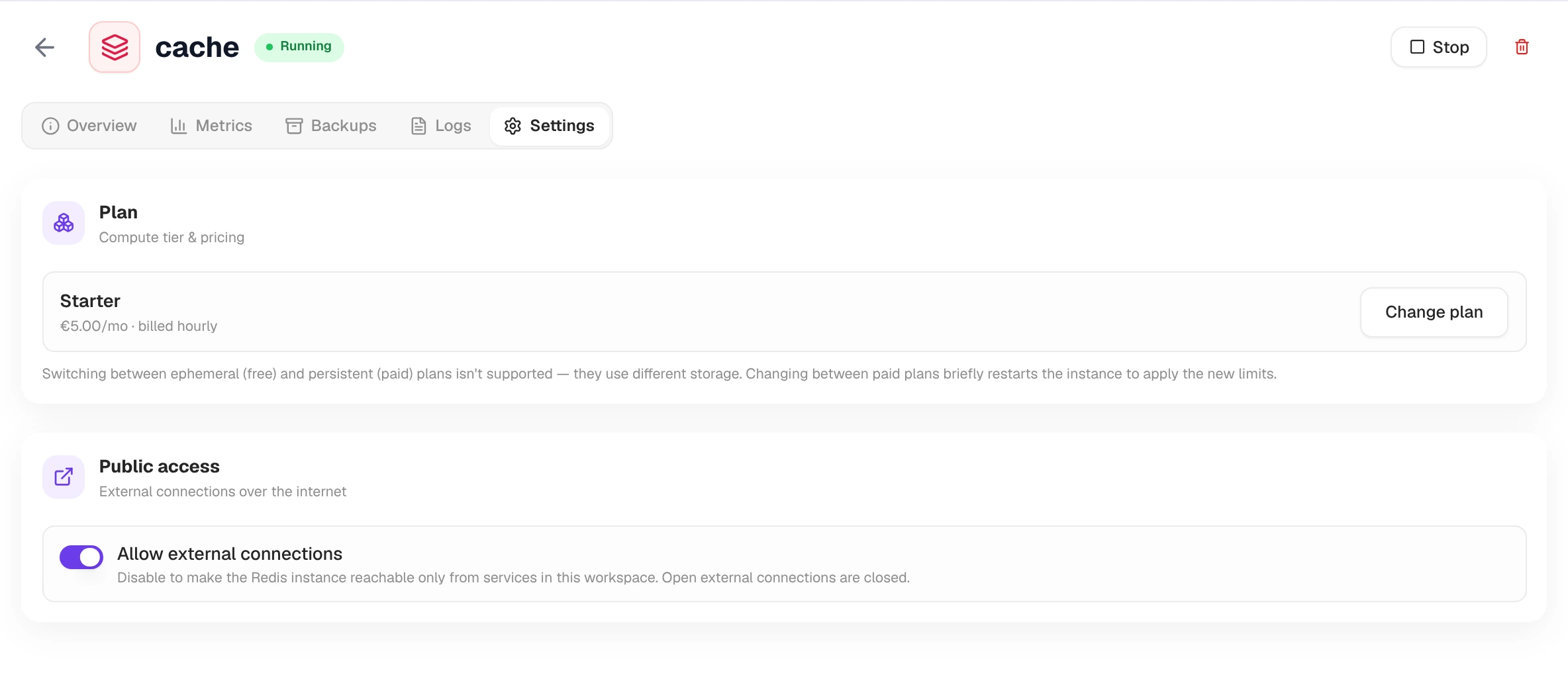 Settings tab with the Plan card and the Allow external connections toggle