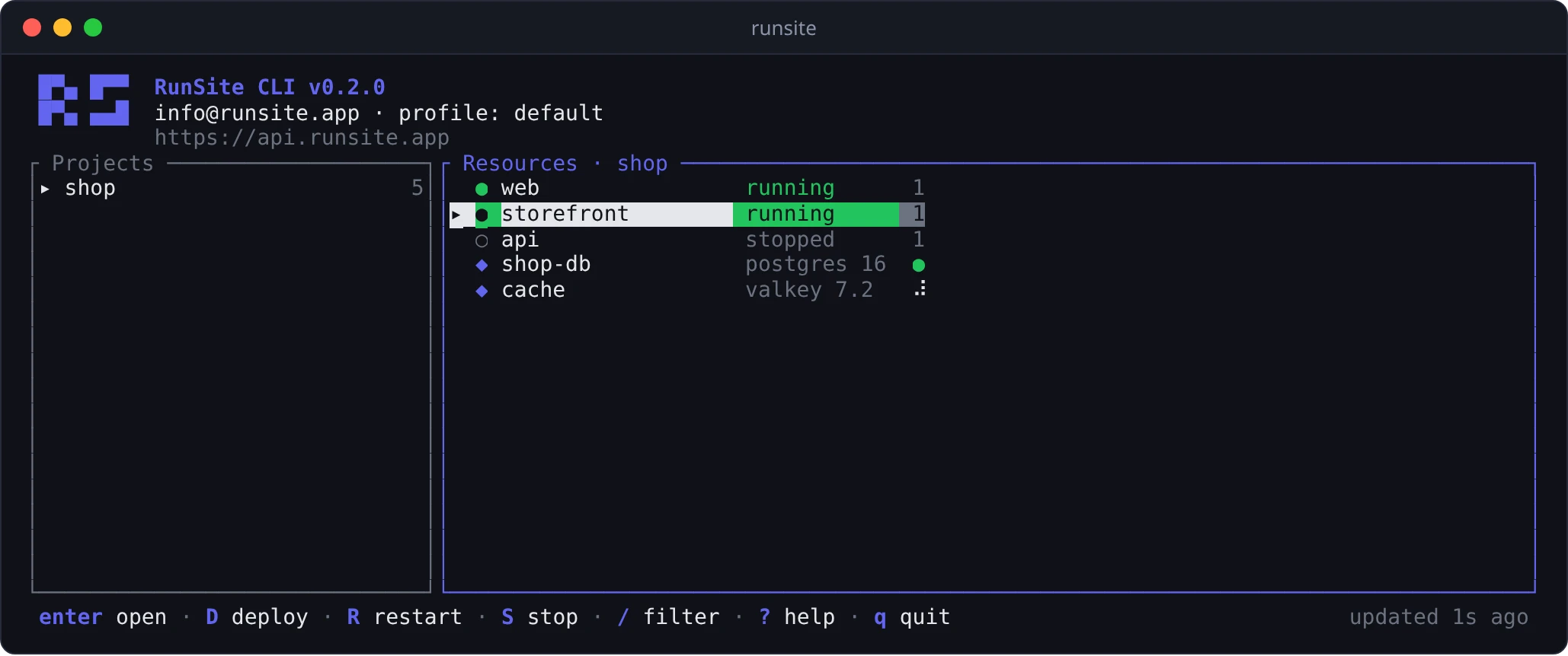 The runsite terminal UI: the shop project on the left, its web services and databases with their statuses on the right