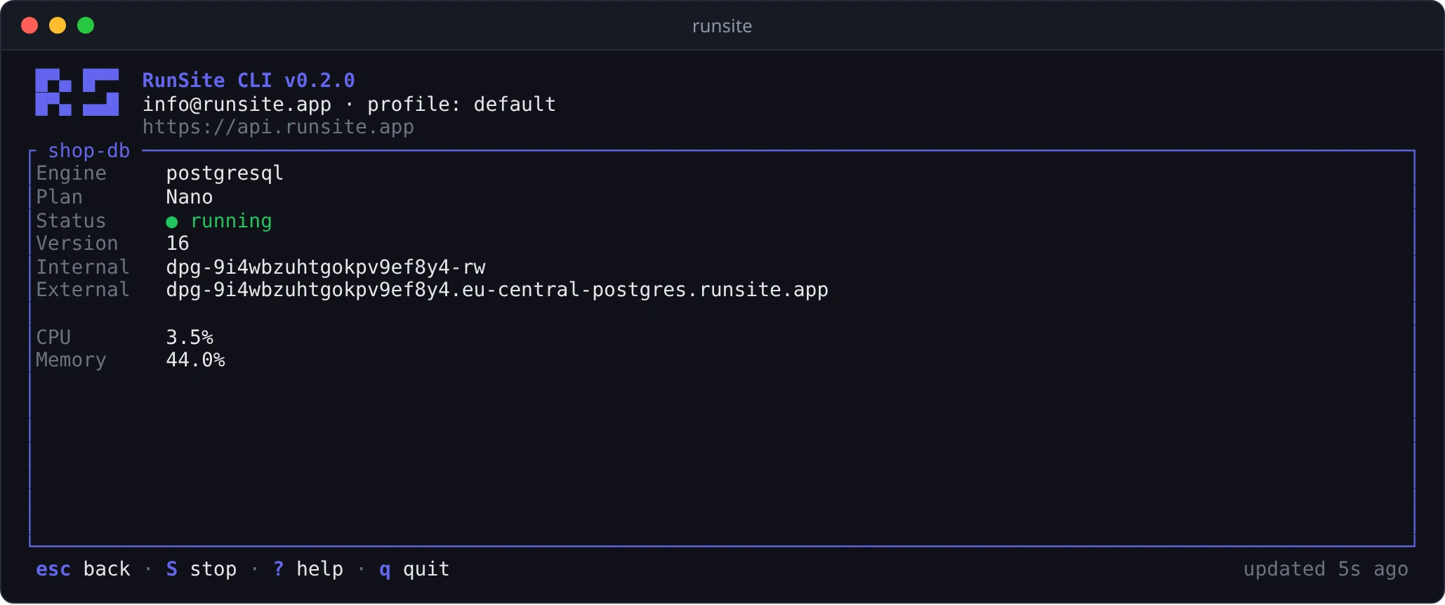 A PostgreSQL database in the runsite UI with its plan, version, hostnames and resource usage