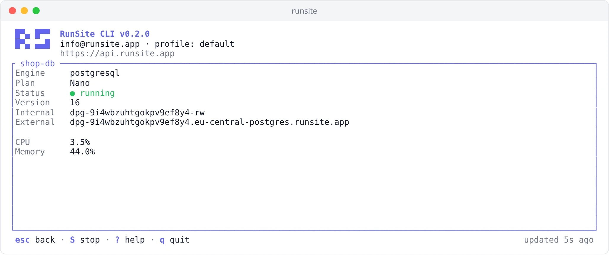 A PostgreSQL database in the runsite UI with its plan, version, hostnames and resource usage