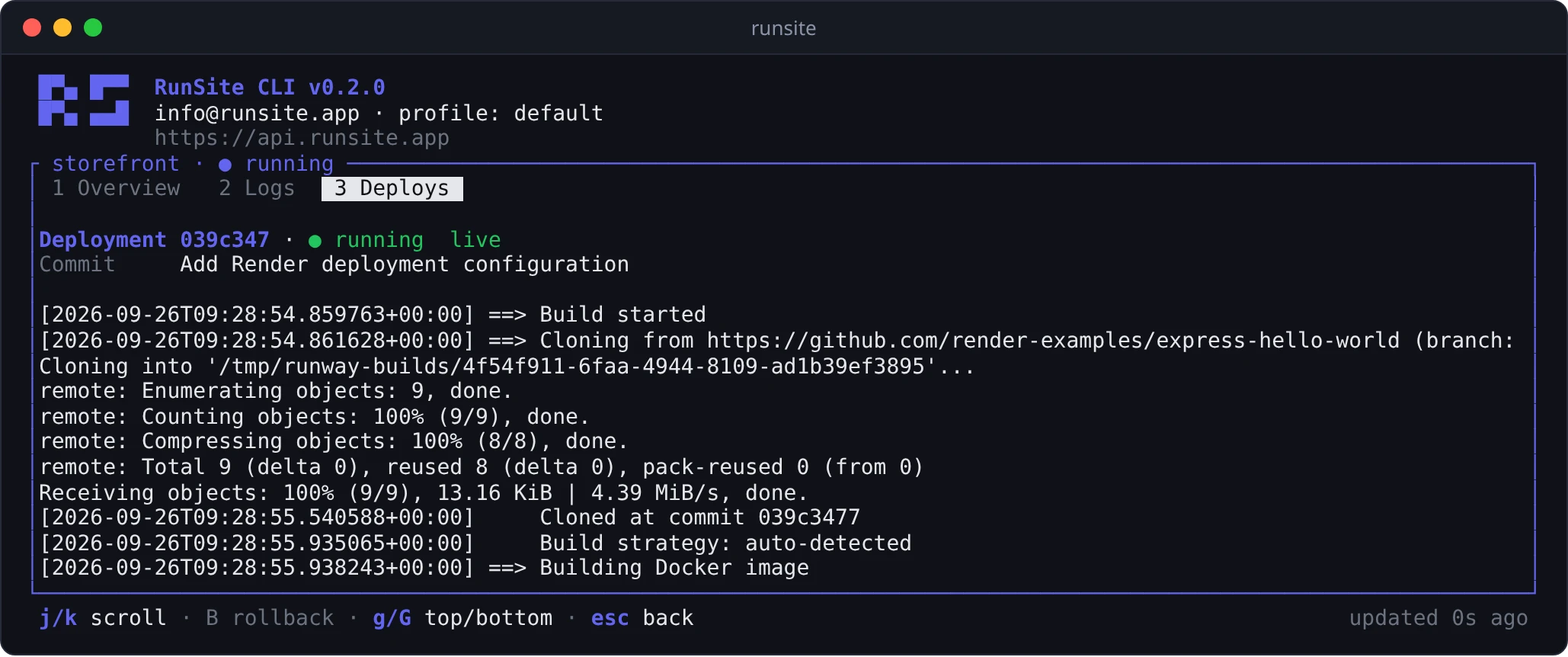A deployment opened in the runsite UI, showing the start of its build log