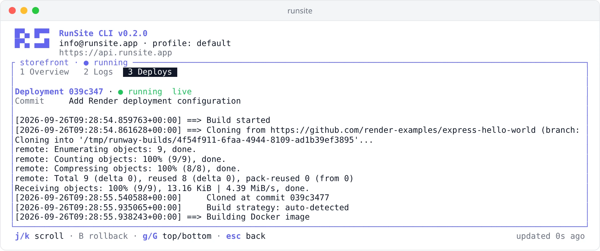 A deployment opened in the runsite UI, showing the start of its build log