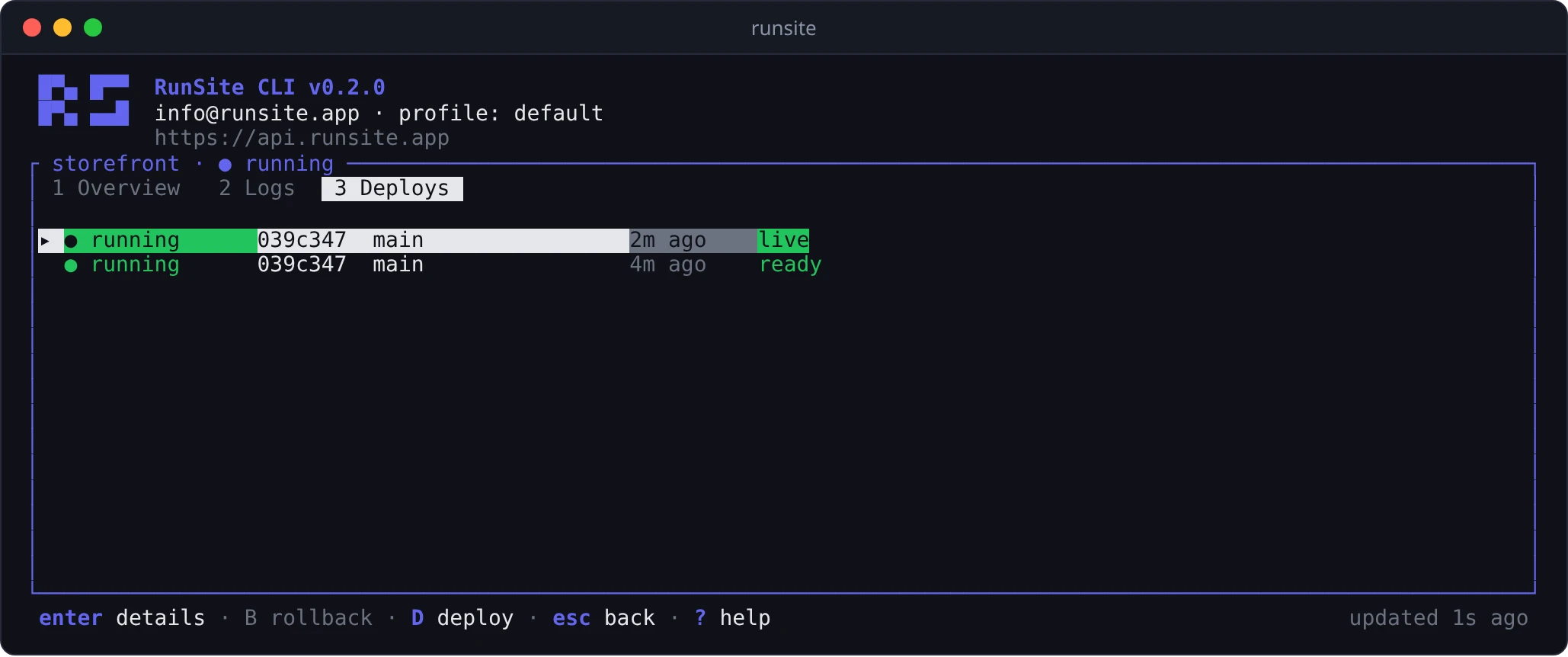 The Deploys tab listing two deployments of the storefront service, the newest one live