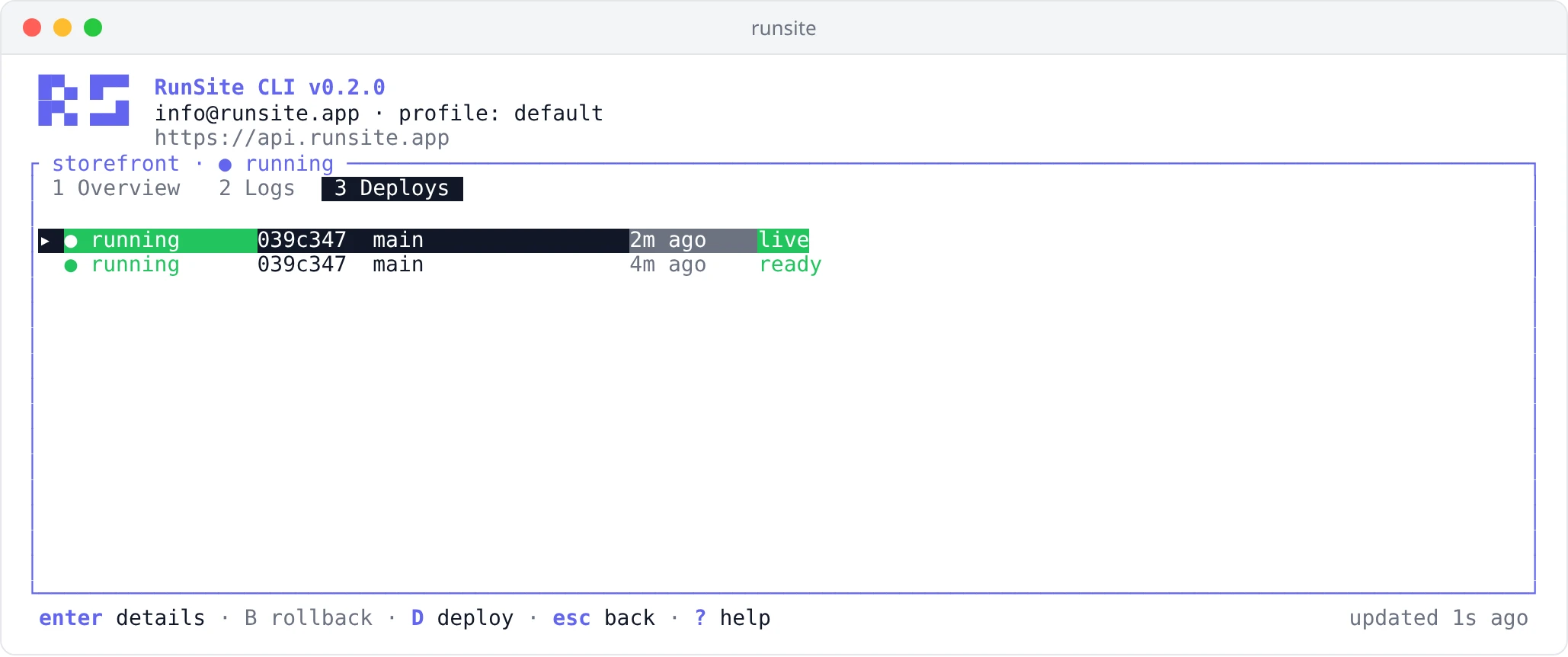 The Deploys tab listing two deployments of the storefront service, the newest one live