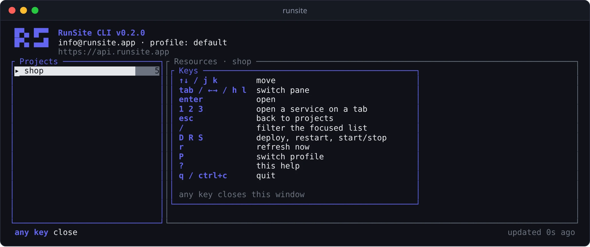 The help window listing the dashboard keys