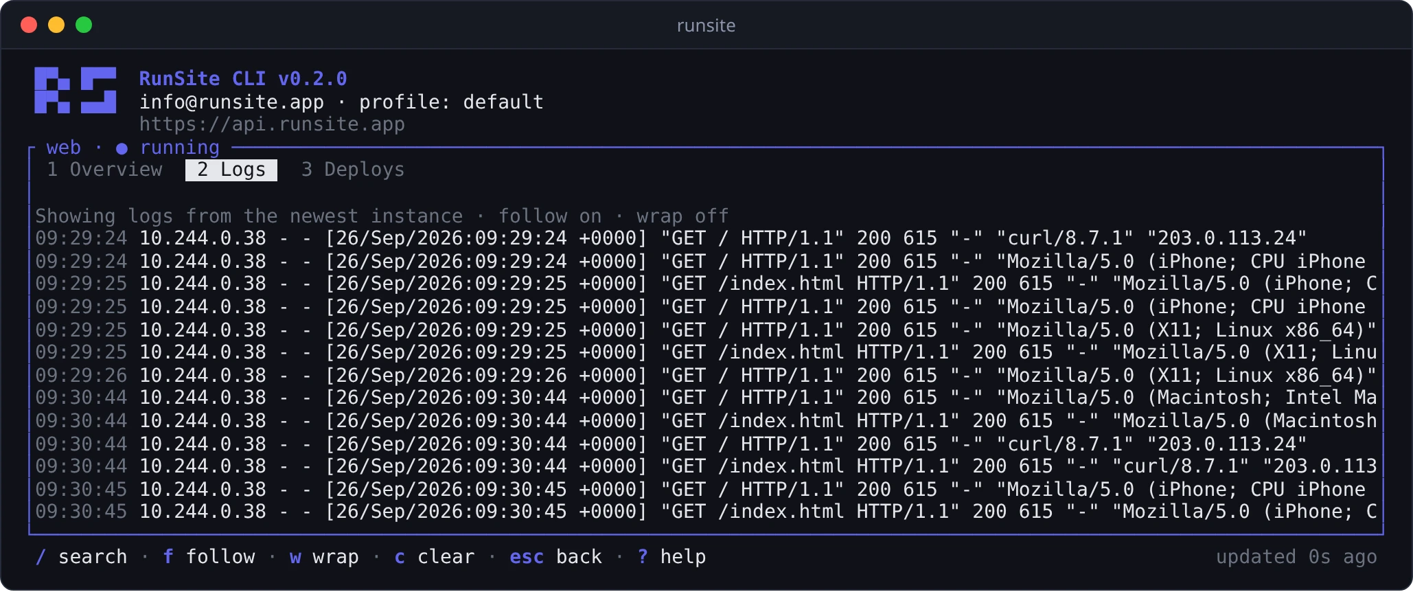 Live nginx access logs in the runsite UI with line wrapping turned off