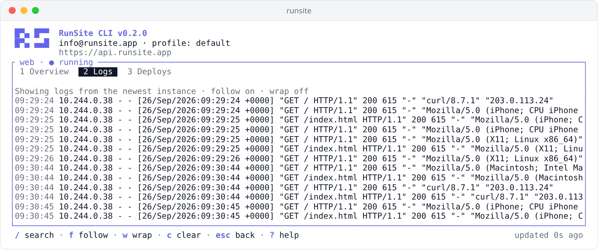 Live nginx access logs in the runsite UI with line wrapping turned off