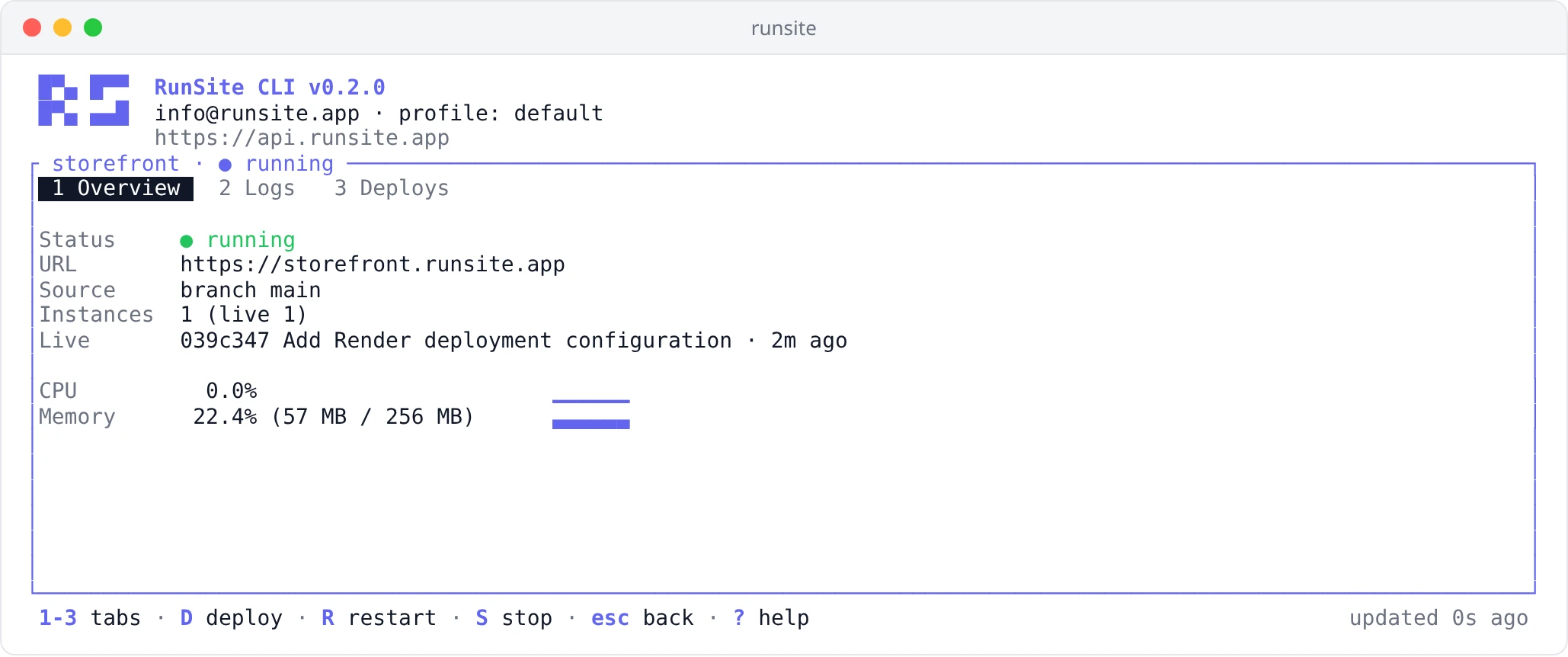 Service overview in the runsite UI: running status, URL, branch, live deployment and CPU and memory usage