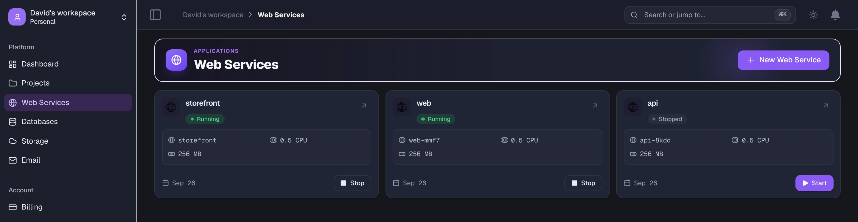 Web Services list with three service cards, two running and one stopped