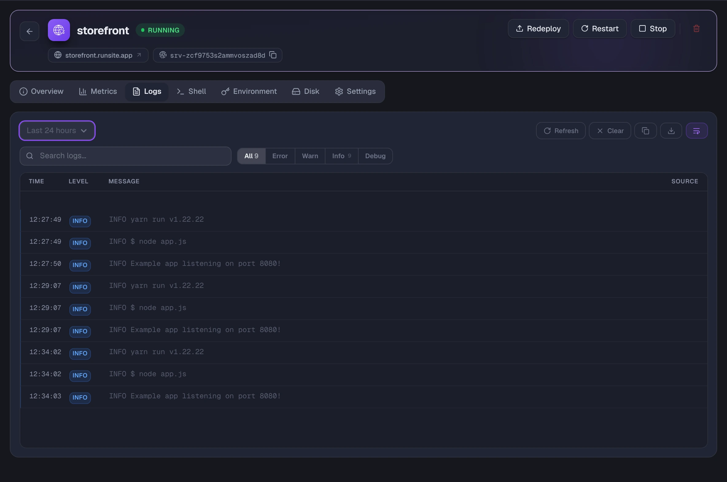 Logs tab with a time window selector, search, level filters and nine info lines