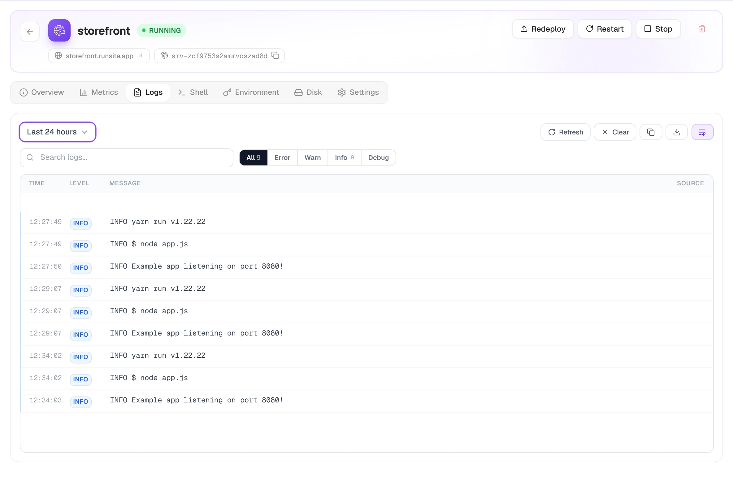 Logs tab with a time window selector, search, level filters and nine info lines