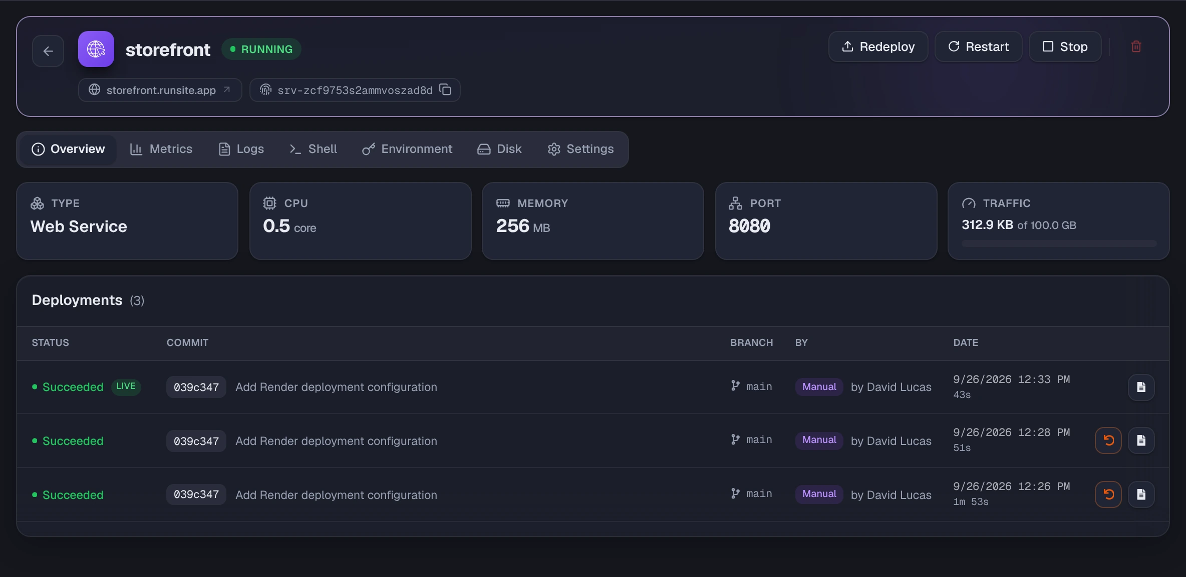 Overview tab with resource tiles and a list of three successful deployments