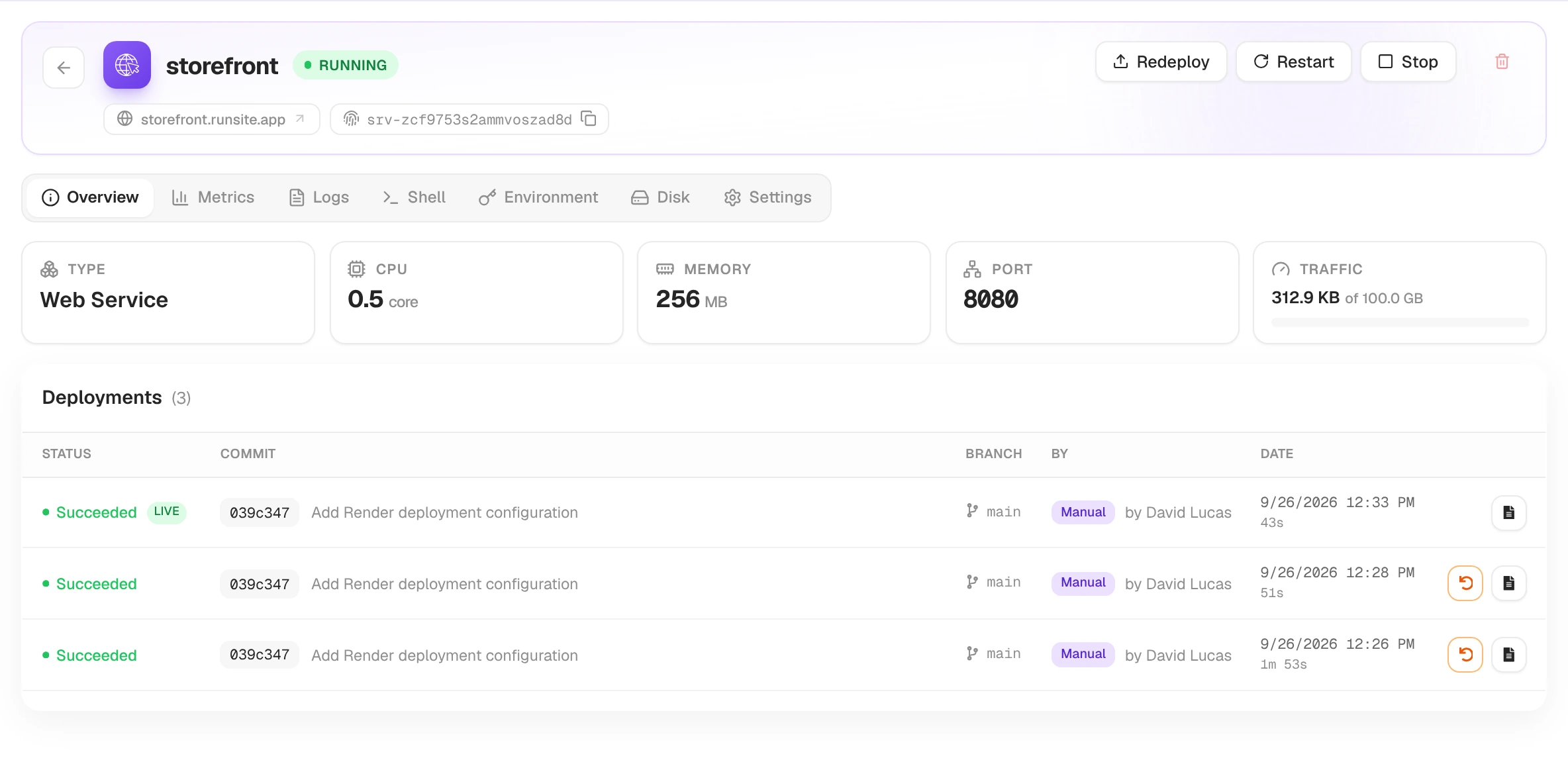 Overview tab with resource tiles and a list of three successful deployments