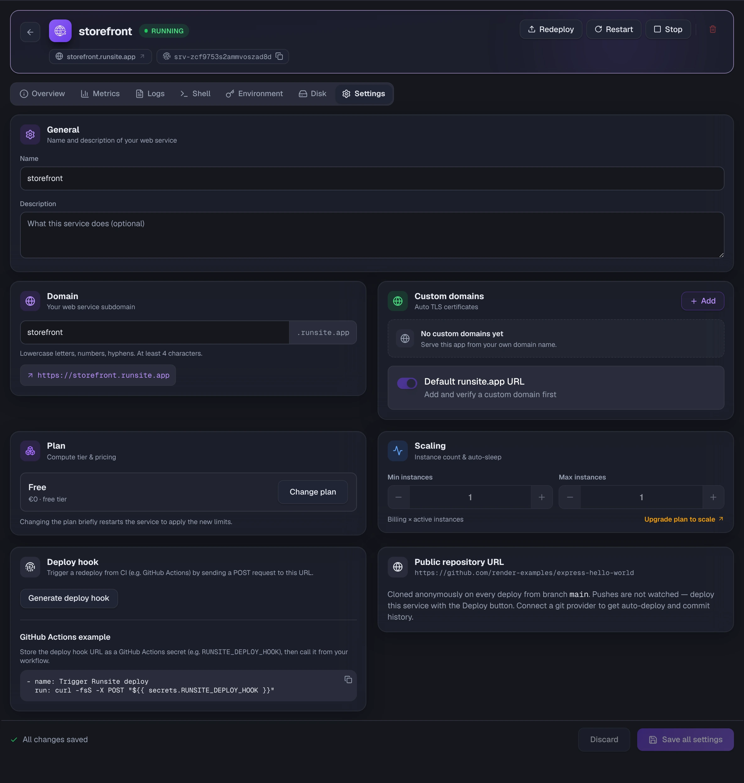 Settings tab with General, Domain, Custom domains, Plan, Scaling, Deploy hook and repository cards