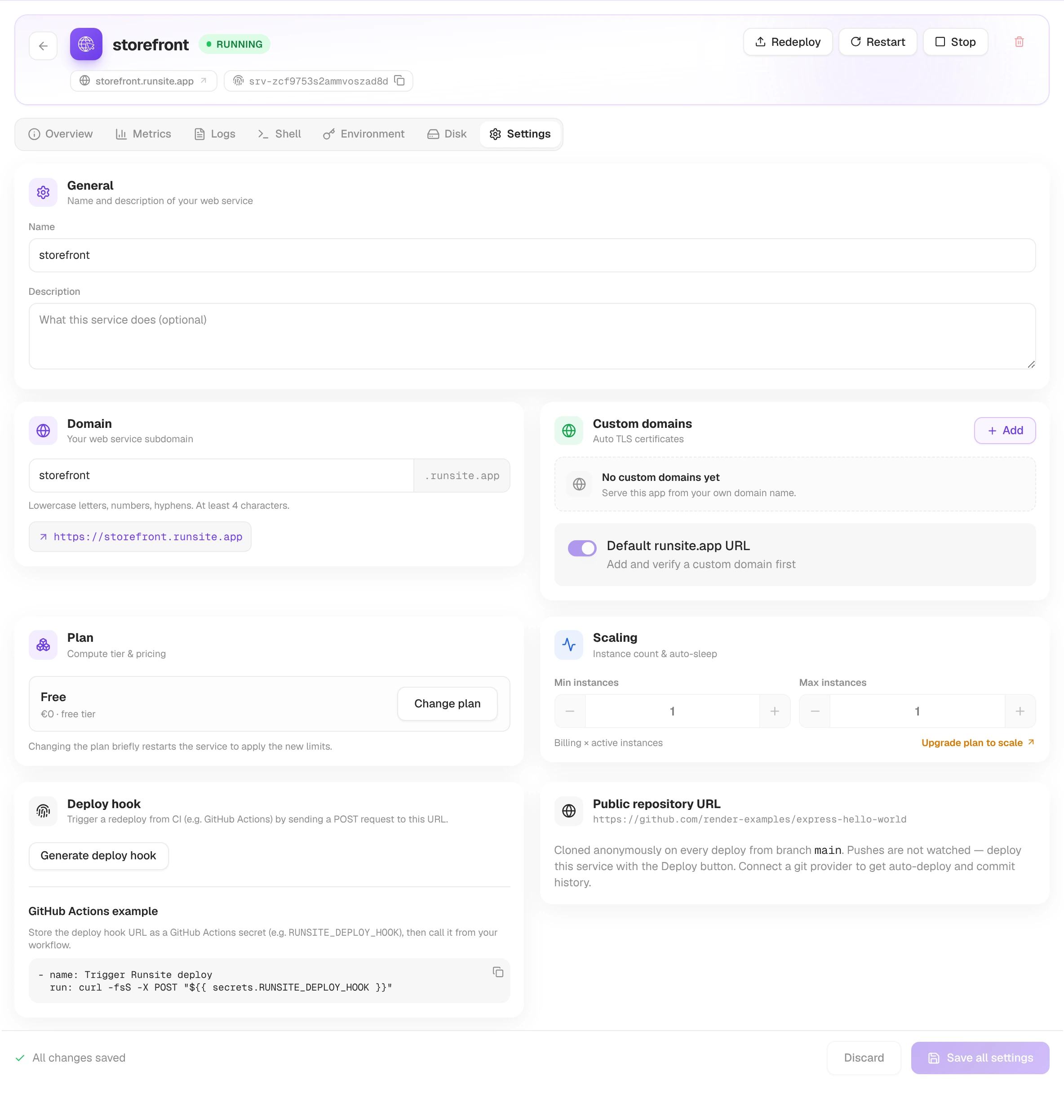 Settings tab with General, Domain, Custom domains, Plan, Scaling, Deploy hook and repository cards