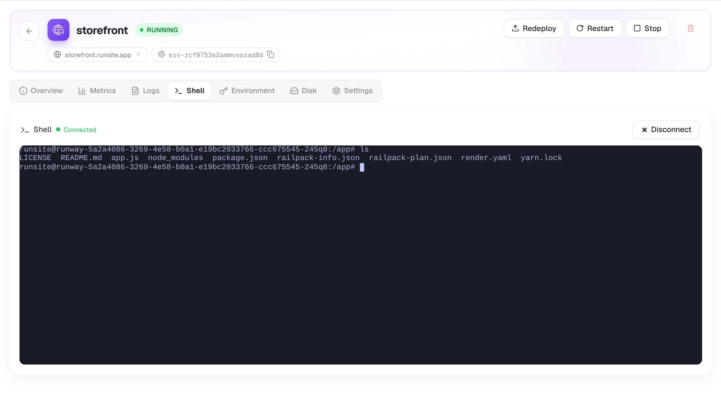 Shell tab connected to the container, showing the output of ls in /app